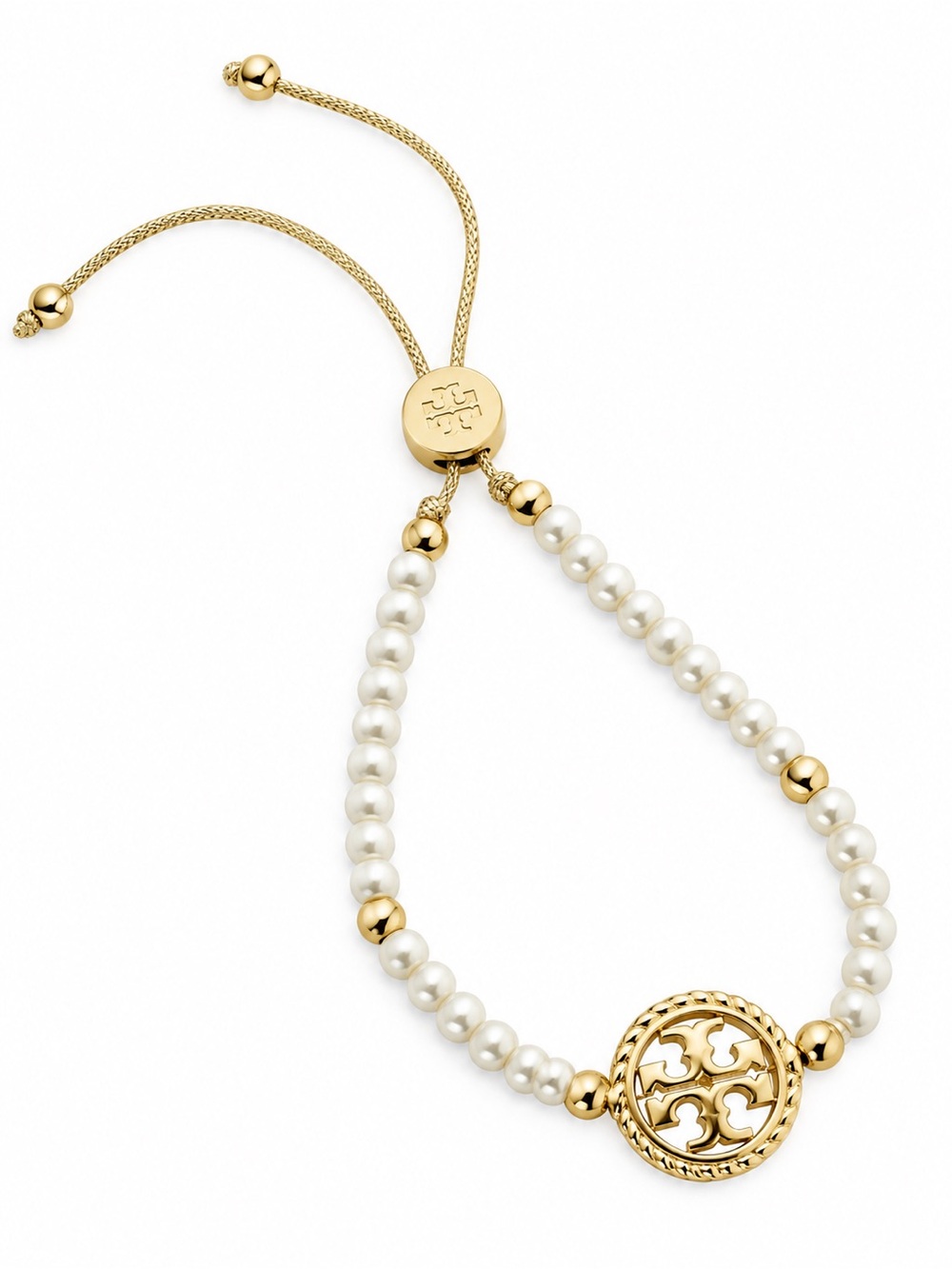 Tory Burch Rope Logo Slider pearl Bracelet in Gold.